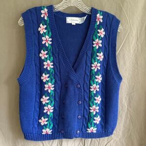 Vintage J. Christopher Sweater Vest Blue Floral Cable Knit Double-Breasted Sz M